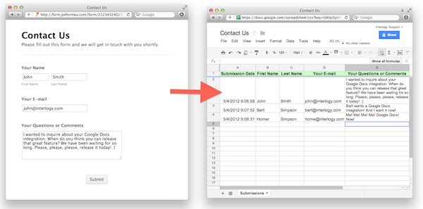 JotForm google docs integration